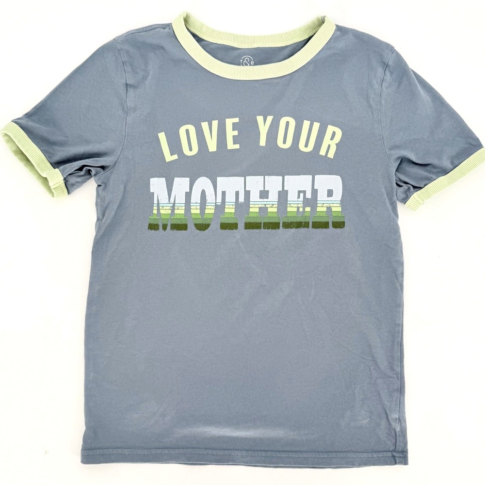 Love Your Mother Organic Cotton Blue Ringer Tee Shirt Size S 7/8 70s Mothers Day